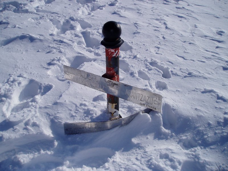 Norabide ezberdinak adierazten dituen seinalea Elorrola lepoan, elurrak estalita